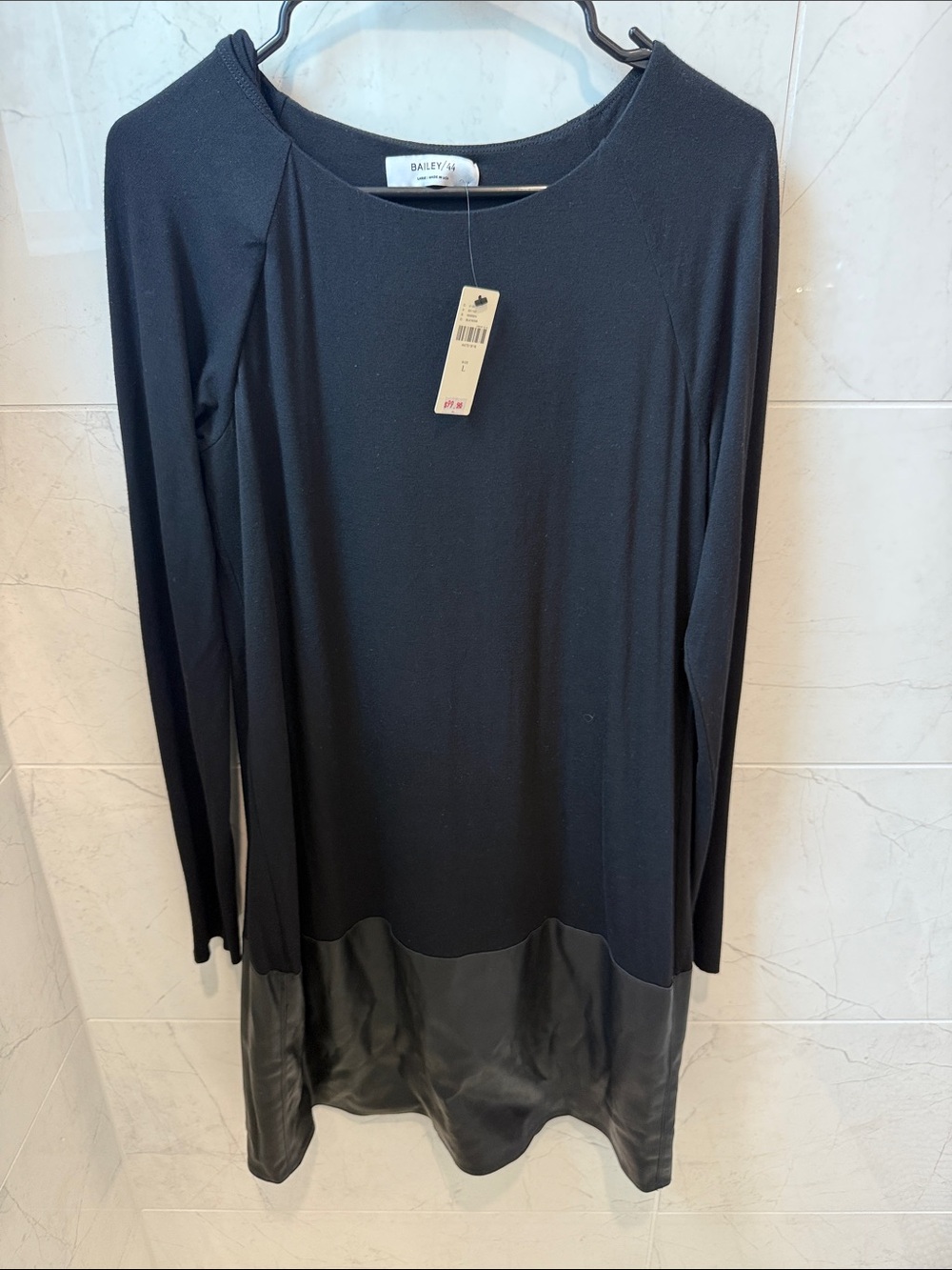 Bailey 44 Black Long-Sleeve Midi Dress with Faux Leather Hem